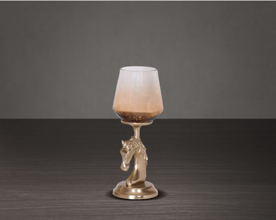 This vintage horse pillar candle holder with ombre grey lustre glass and gold-finished aluminium base - small