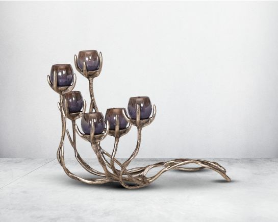 Multi T-light votive holder in grey lustre glass with gold-finished aluminium base.