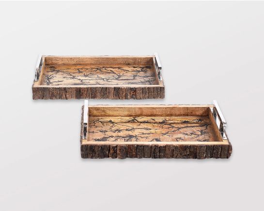 Rectangular tray in rustic natural wood, with stainless steel handle and  2 wood frame.