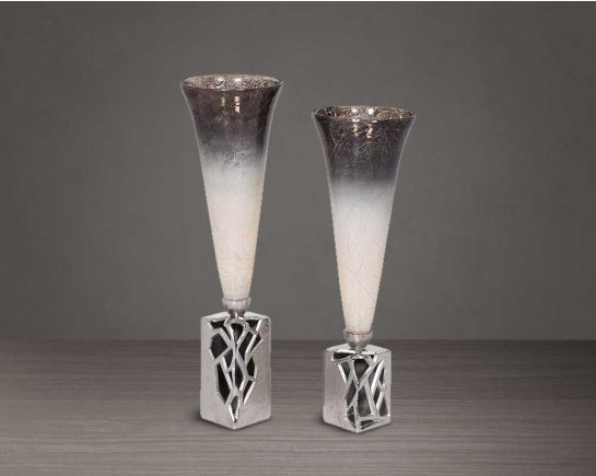 Grey & beige tinted lustre glass vase with frosted aluminium decorative base. 1 bottle large 2 bottle small