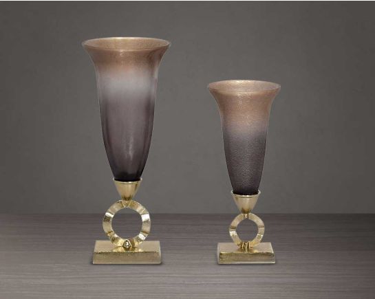 Vase in dusky champagne lustre glass and antique gold aluminium decorative base 1 large 2 small