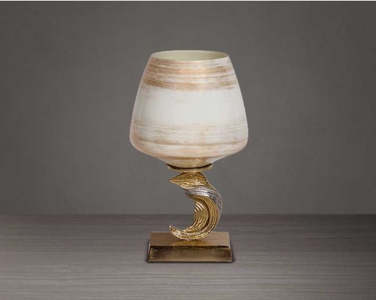 Candle pillar holder in brown luster glass and antique gold plated aluminum decorative base.