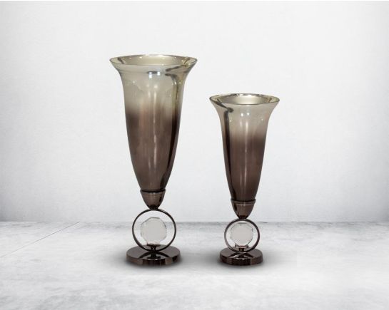 Vase in dusky champagne luster glass and antique nickel aluminium & acrylic decorative base. 1 bottle large 2 bottle small