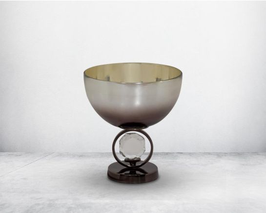 Decorative bowl in brown luster glass and antique nickel plated aluminium & acrylic decorative base.