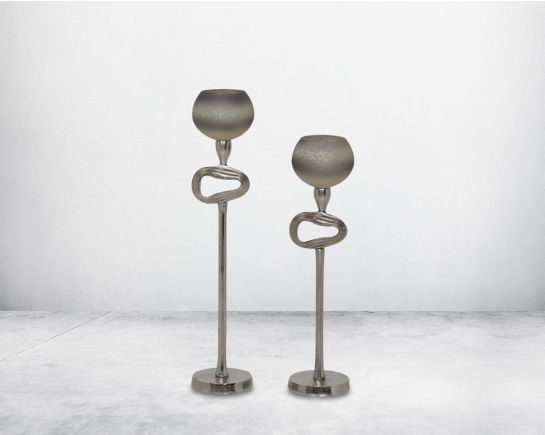 "Pillar goblet candle holder in white & grey luster glass with nickel-plated textured aluminum decorative base. "1 large 2 small