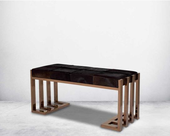 Double bench upholstered in dark brown leather hide seat and rose gold polished stainless steel legs in rich contemporary design.