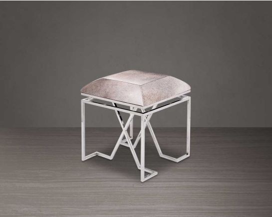 Single bench upholstered in light grey hide seat and high polished stainless steel legs in a contemporary, cross design.