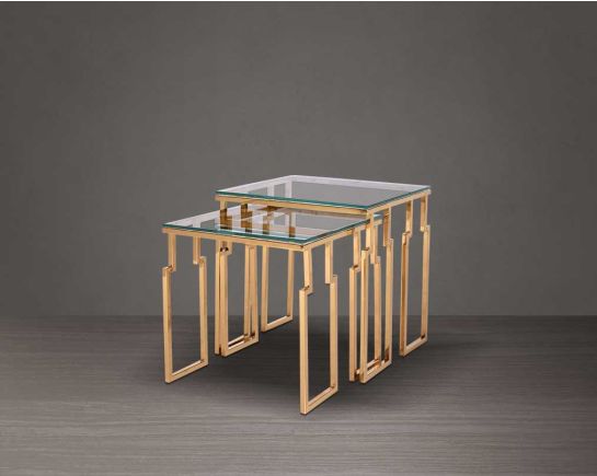 Nested tables in a set of 2 with clear tempered glass top and gold plated stainless steel base in rich contemporary design.