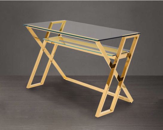 Book desk with clear glass top and high gold polished stainless steel base 