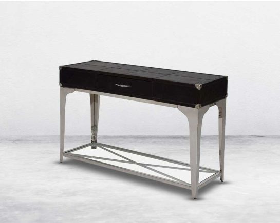 "Console with vintage brown luxurious leather with one drawer & glass shelf with stainless steel frame & legs in modern design. " side view