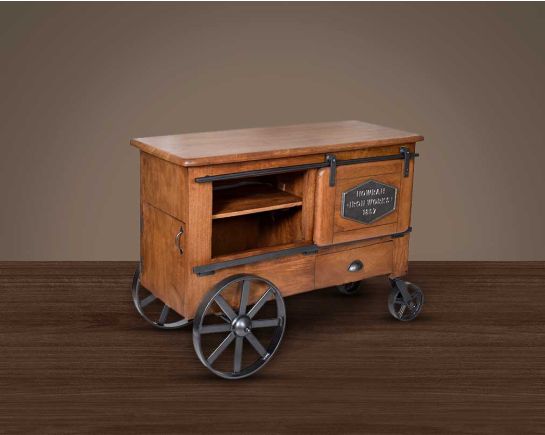 Wine cart/ bar with a vintage look in mango wood and powder-coated iron wheels with storage.
