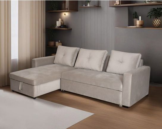 Left & Right-aligned 2 seater sofa + chaise upholstered in fabric. Sofa can be pulled out with a very easy mechanism that converts to a sofa bed & has storage.