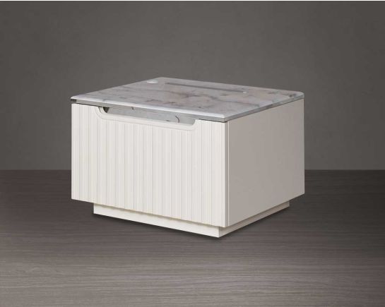 The bedside table comes with a marble finish top & lacquered in high gloss with a spacious drawer with a cream finish handle & base.