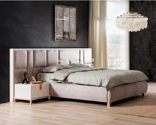 This elegant king bed comes with a high gloss grey lacquered border can be found all along with a fabric upholstered headboard with hydraulic lift storage Bedside table lacquered in high gloss
