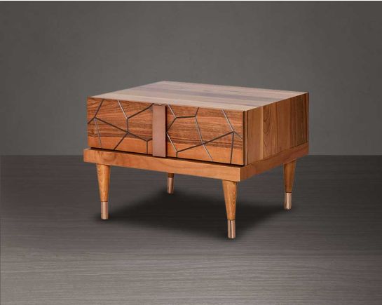 Symmetry and style define this eye-catching bedside table constructed from walnut veneer in a geometric pattern, one drawer with a rose gold plated stainless steel handle with wood base.