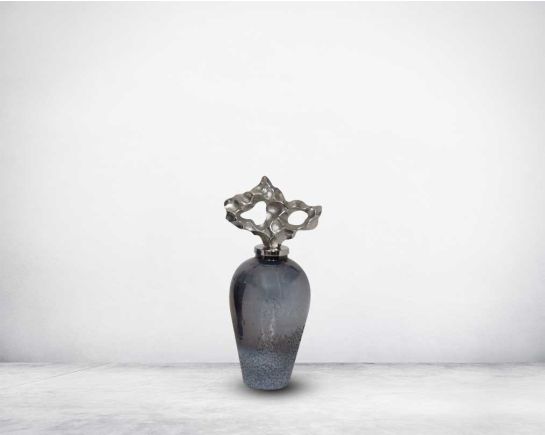 Decorative bottle in swanluster glass with ornamental nickel plated aluminium lid. small