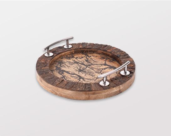 Round tray in rustic natural wood with stainless steel handle and wood frame small