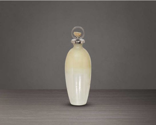Decorative bottle in taupe tinted luster glass with ornamental frosted aluminum lid.- large 