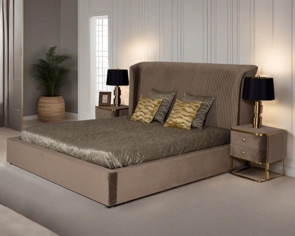 This elegant king-size bed comes with upholstered & quilted in fabric with bedside table with 2 drawers with matt gold base 