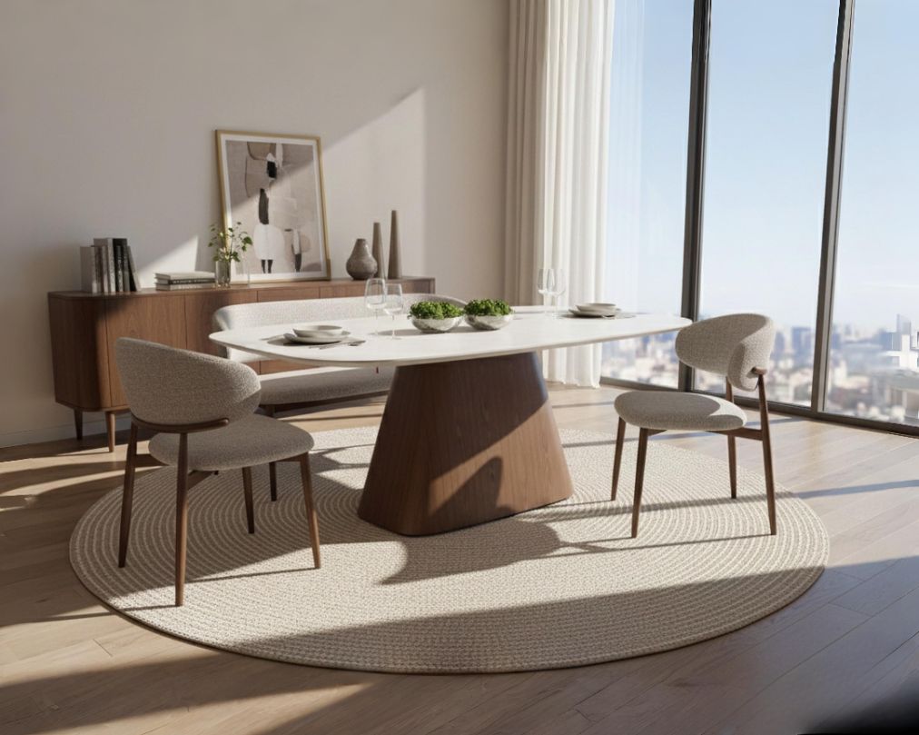 Miro 6 Seater Marble Dining Table With Adela Fabric Dining Chair & Adela Double Bench