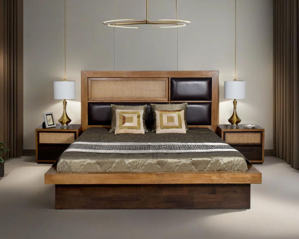 his luxurious king-size bed with pillow  adds a natural & rustic opulent style to your space Bedside table with one drawer in dark walnut & oak veneer and one bamboo knitted drawer