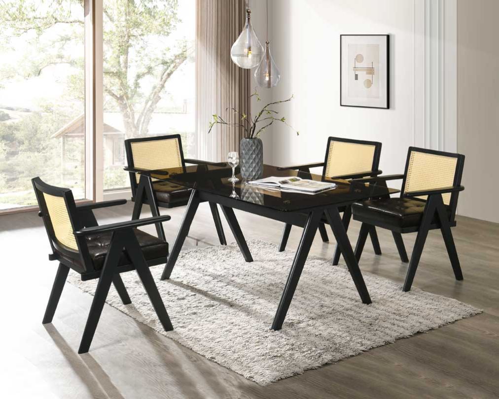 This elegant 6 seater rectangular style dining table in retro style comes with a black wooden dining chair with comfy cushioned seat & rattan backrest with curved armrest & geometrical leg design in dark walnut finish in retro style.