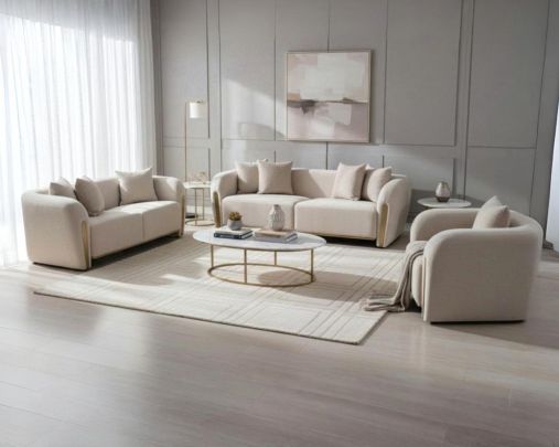 This 3+2+1 sofa set in high-quality fabric is an epitome of luxury, an astonishing piece of modern design. The sofa's gently curved back with its distinctive flared padded arms wrap the seat in a sweeping embrace.